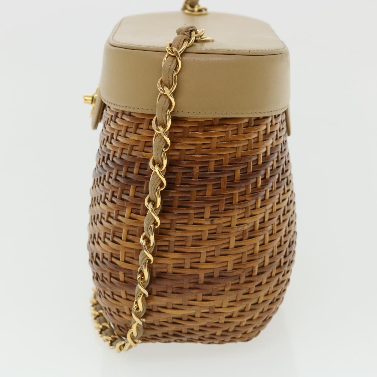 Chanel Basket Chain Shoulder Bag Leather rattan Brown CC Auth A