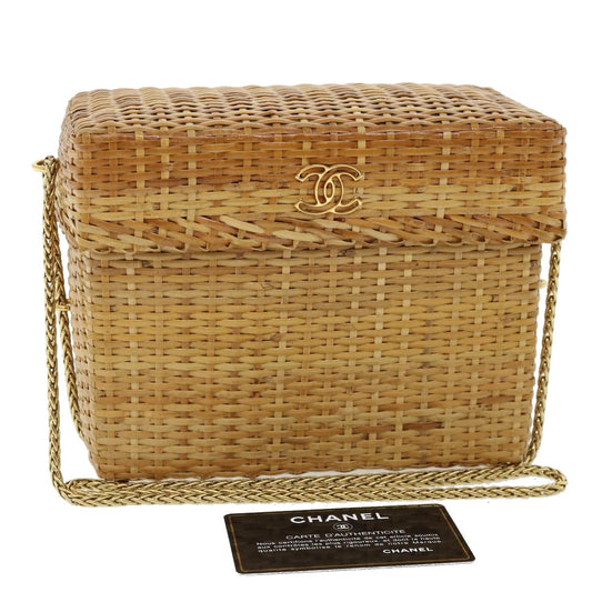 Chanel Basket Chain Shoulder Bag Leather rattan Beige CC Auth A