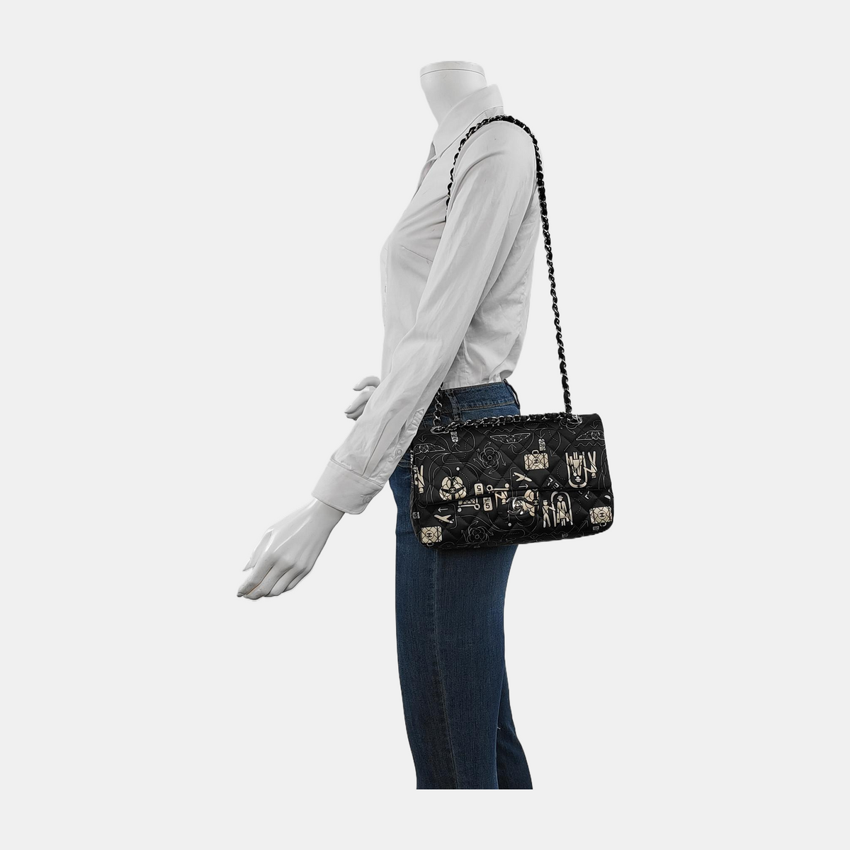 Chanel Satin Airline Printed Medium Double Flap Bag Black and White