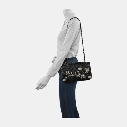 Chanel Satin Airline Printed Medium Double Flap Bag Black and White
