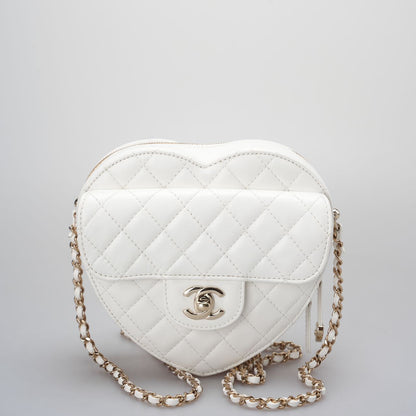 Chanel Heart Bag CC in Love Heart Clutch with Chain in White Lambskin with champagne Gold Hardware
