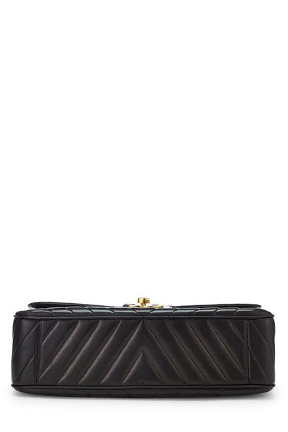 CHANEL,  Black Chevron Lambskin Half Flap Maxi, Black