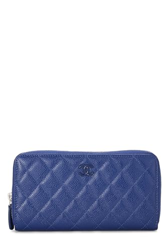 Chanel,  Blue Quilted Caviar Zip Around Wallet, Blue