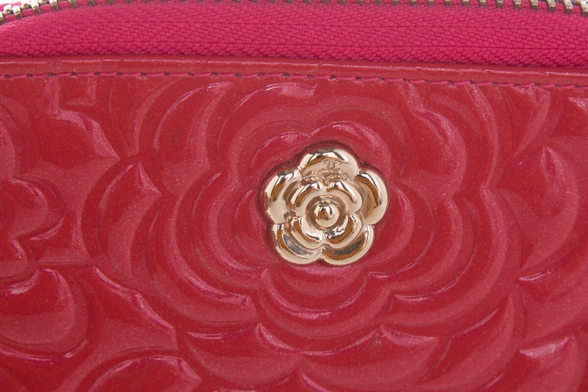 Chanel Pink Camellia Embossed Patent Leather Wallet