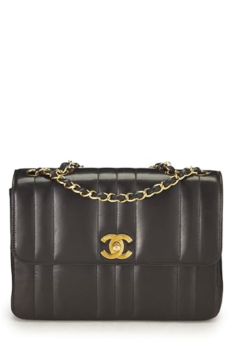 Chanel,  Black Vertical Quilted Lambskin Half Flap Small, Black
