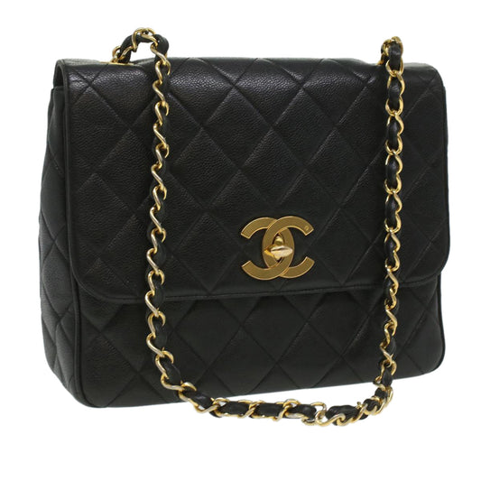 Chanel Big Matelasse Turn Lock Shoulder Bag Caviar Skin Black CC Auth A