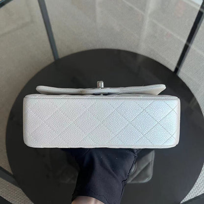 *Un* Caviar Mini Rectangle Classic Flap Quilted Iridescent Pearl White Silver Hardware Series 20