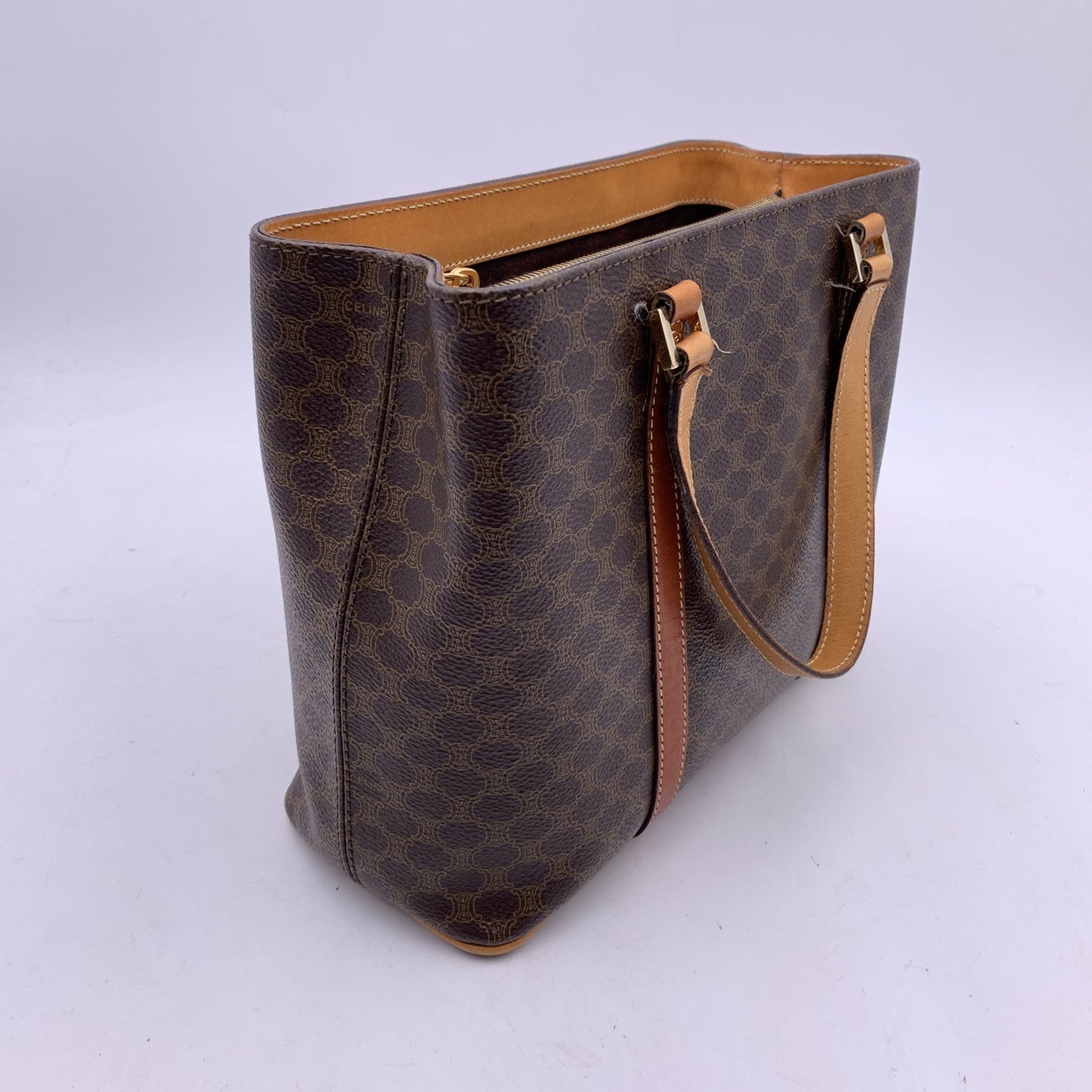 Celine Vintage Brown Macadam Canvas Small Tote Shoulder Bag