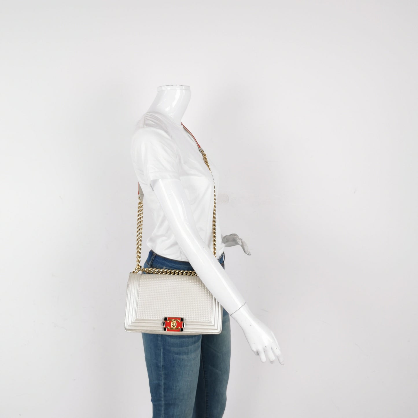 Chanel Le Boy Medium White Pearlescent Waffle Lambskin Leather Red Lock 2013-2014