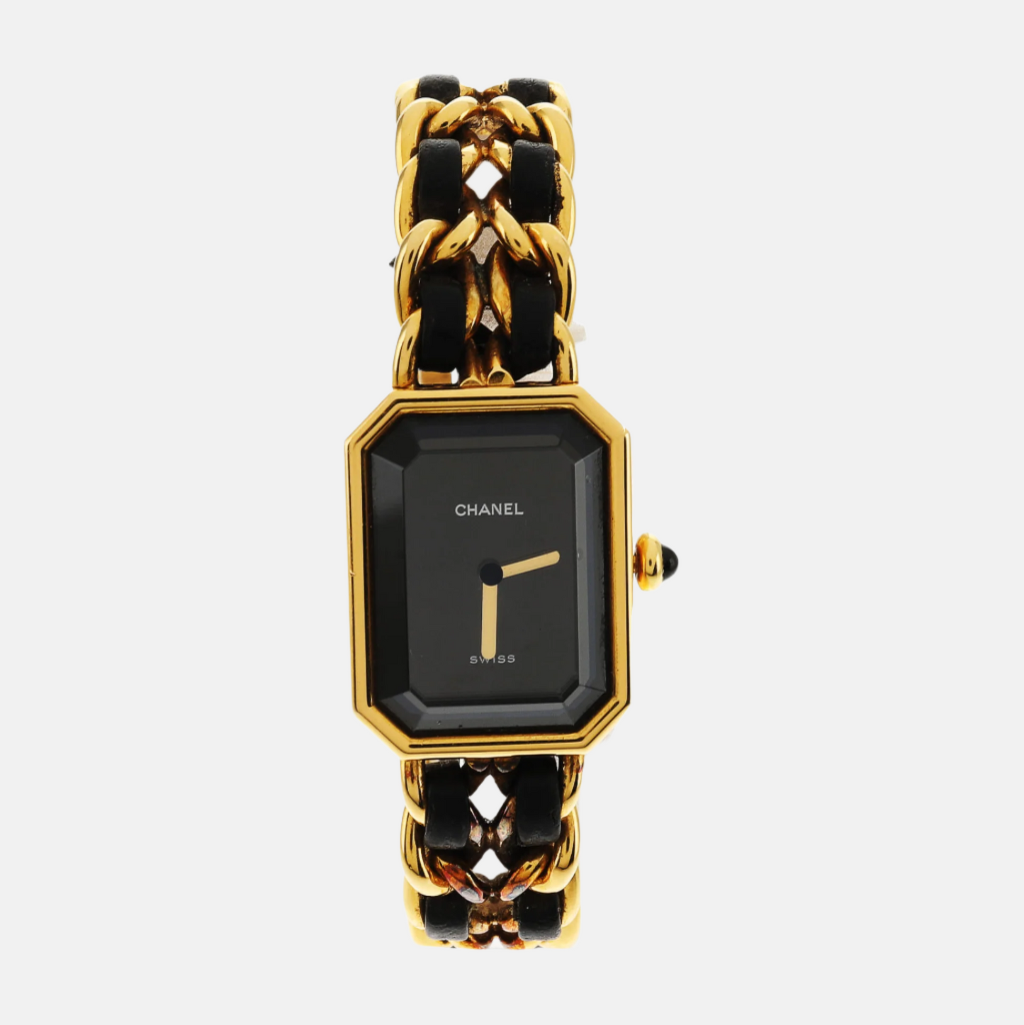 CHANEL 1987 Vintage PREMIERE Watch Black Leather and 24KT Yellow Gold Plated L Size