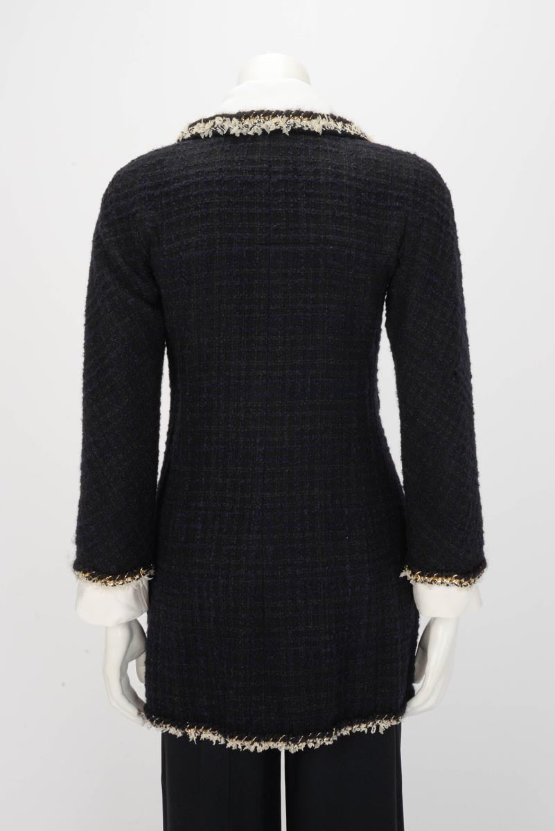 Chanel Black & Navy Boucle Braided Trim Coat FR 36