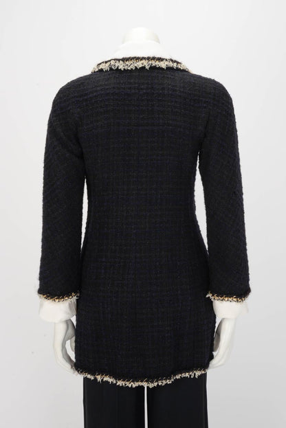 Chanel Black & Navy Boucle Braided Trim Coat FR 36