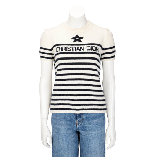 Dior Ecru & Navy Cashmere Knit Dioriviera Short Sleeve Sweater FR 42