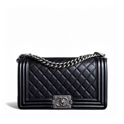 Chanel Boy Medium - Caviar 25CM Quilted Black Ruthenium Silver Hardware Series 25