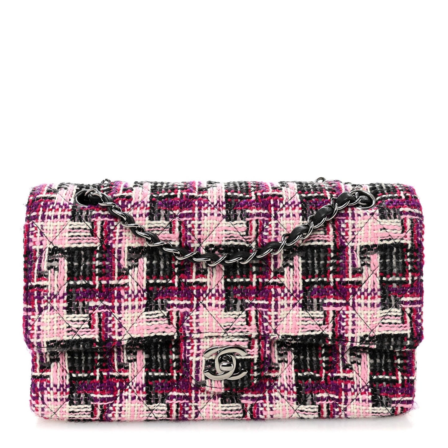 Tweed Quilted Medium Double Flap Pink Black