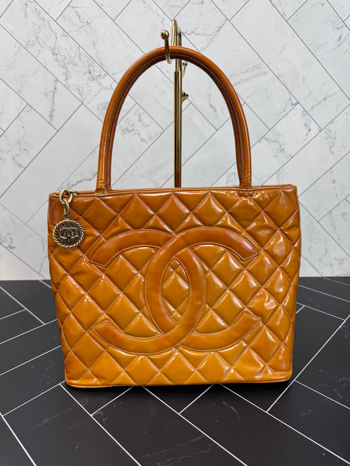 Chanel Gold Patent Leather Madallion Tote Bag