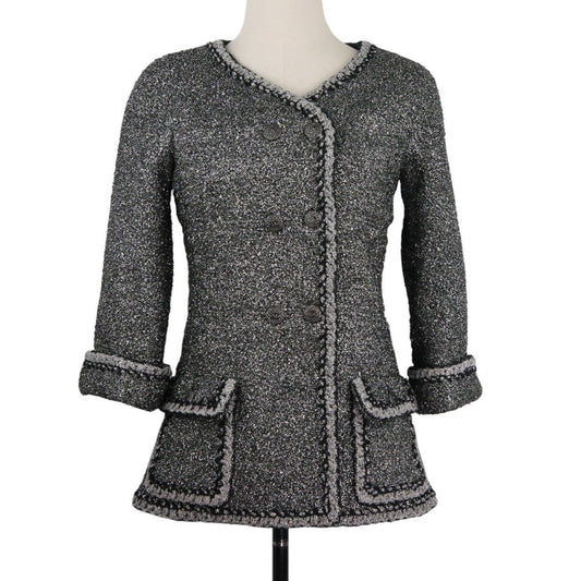 Chanel Coco Mark Button Lame Tweed Collarless Jacket