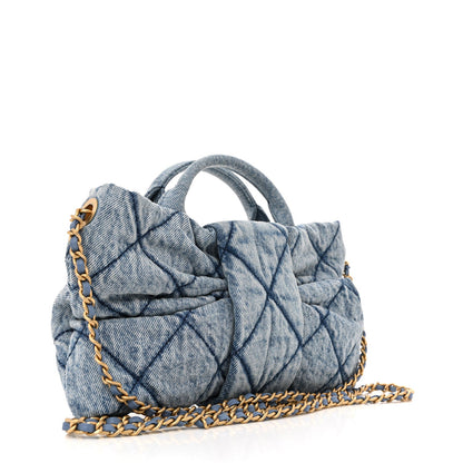 Washed Denim Quilted Mini Bow Bag Blue