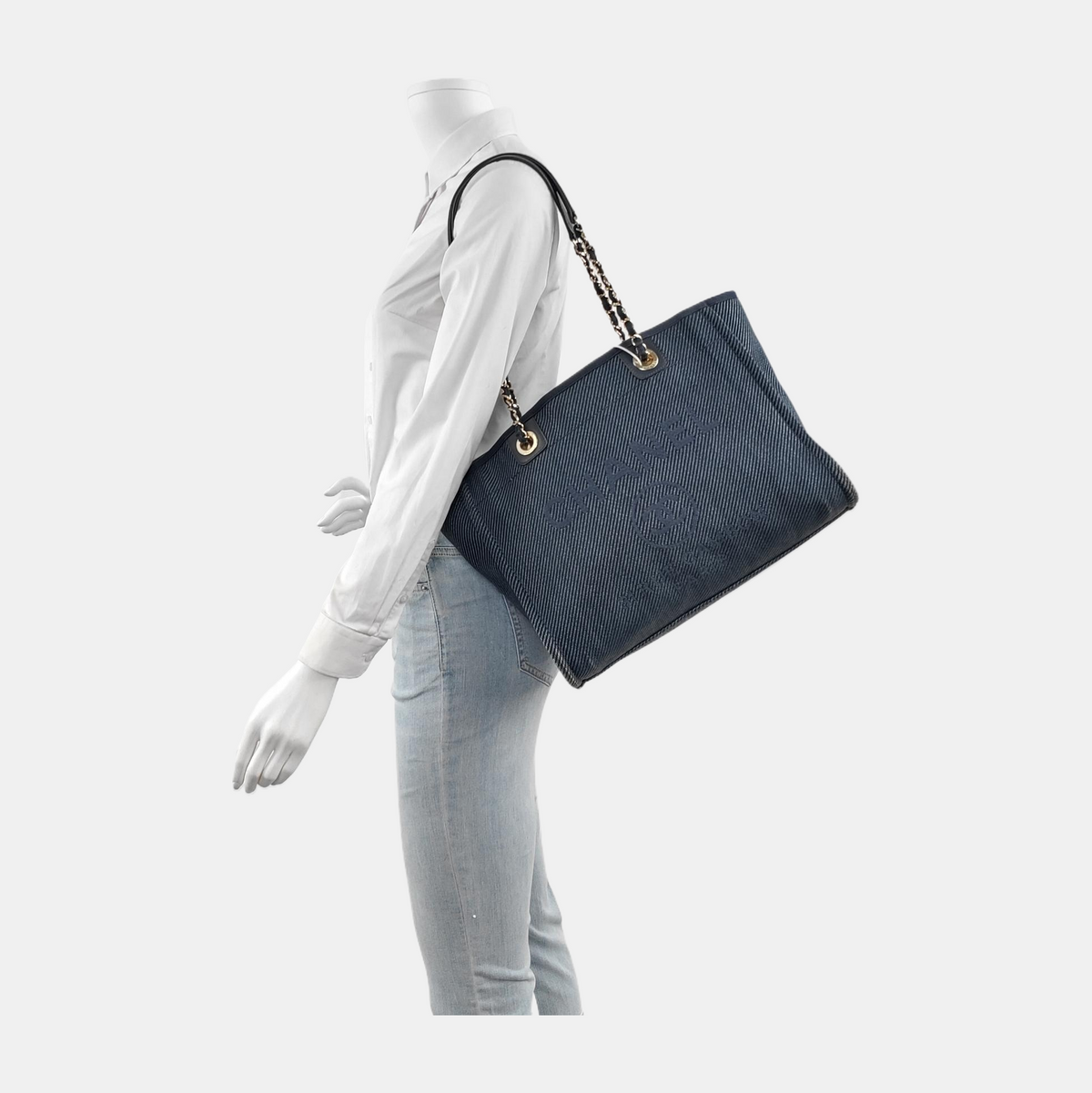 Chanel Deauville Tote Navy Denim Cloth Leather Chain Strap Small 34cm
