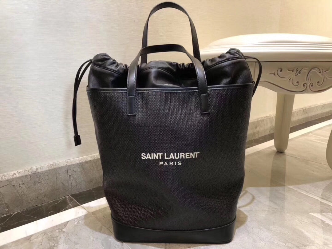 YSSL Teddy Medium Canvas Handle Bucket Tote Bag Black For Women 13in/33cm YSL 551595 96W1E 1000