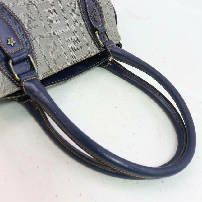 Fendi XL Du Jour Satchel in Denim Blue Zucco Print Canvas & Deep Blue Calfskin Leather