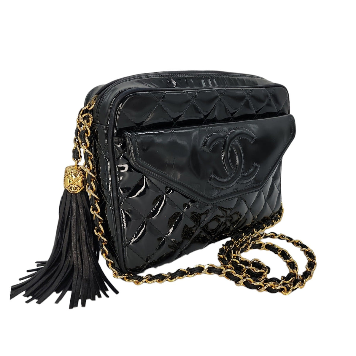 Chanel 90s Quilted Patent Timeless Camera Tassel Crossbody
