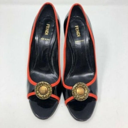 Fendi Black Red Gold Coin Accent Open Toe Heels
