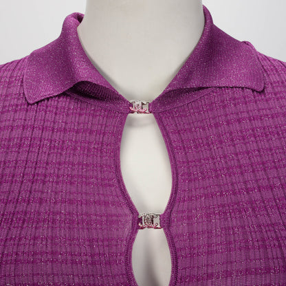 Chanel Purple Ribbed Lurex Collared Midi Dress FR 48