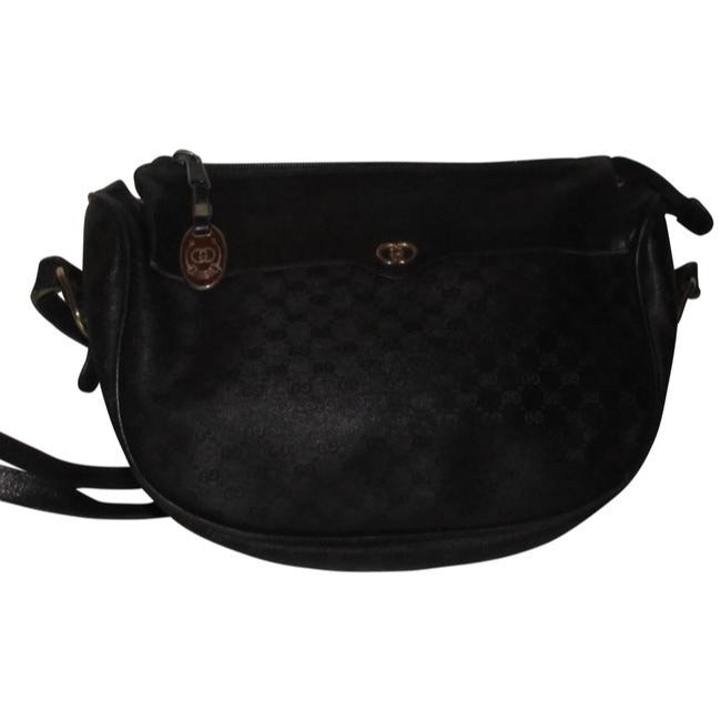 Gucci Vintage Black Crossbody Shoulder Bag Small G Logo Print Coated Canvas Leather