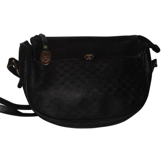 Gucci Vintage Black Crossbody Shoulder Bag Small G Logo Print Coated Canvas Leather