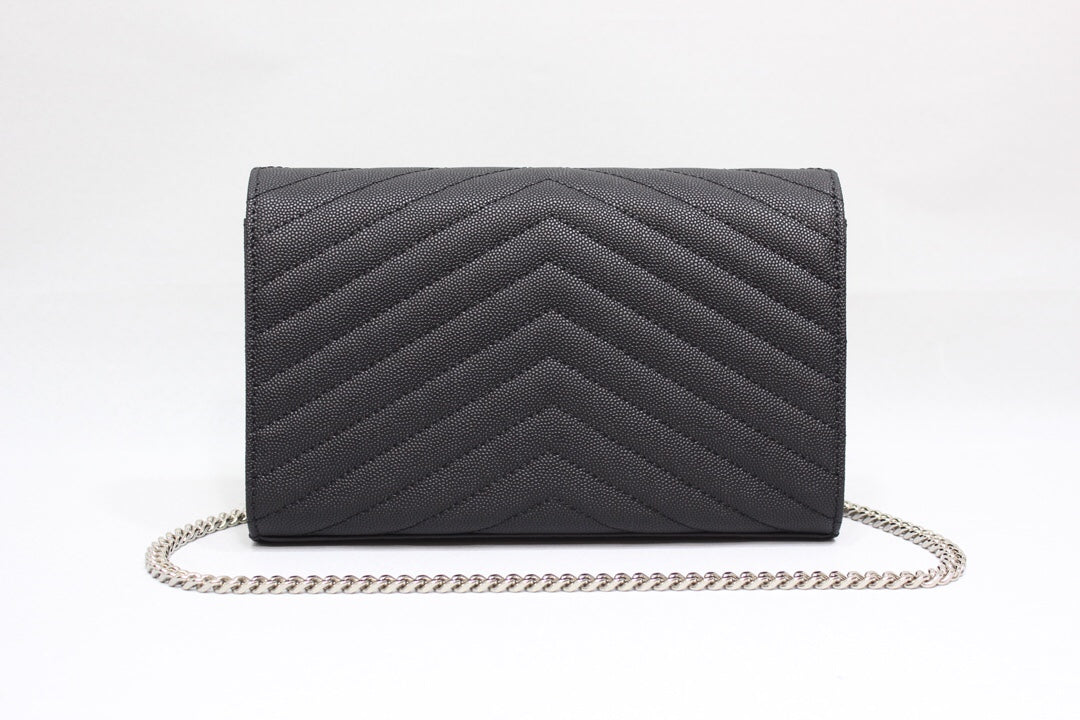 Yves Saint Laurent Cassandre Matelassé Chain Wallet In Grain De Poudre Embossed Black