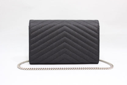 Yves Saint Laurent Cassandre Matelassé Chain Wallet In Grain De Poudre Embossed Black