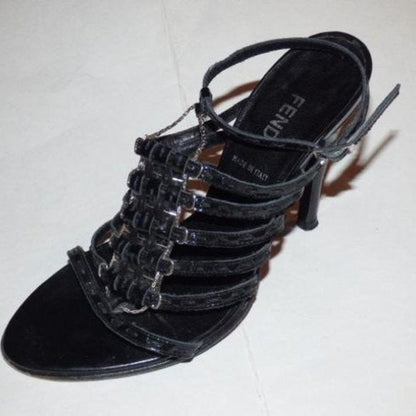Fendi Black Textured Leather Strappy Pump with Silver Hardware