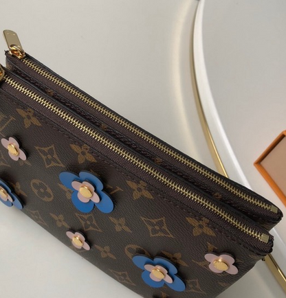 Louis Vuitton Pochette Double Zip Monogram Canvas Blue Blooming Flowers