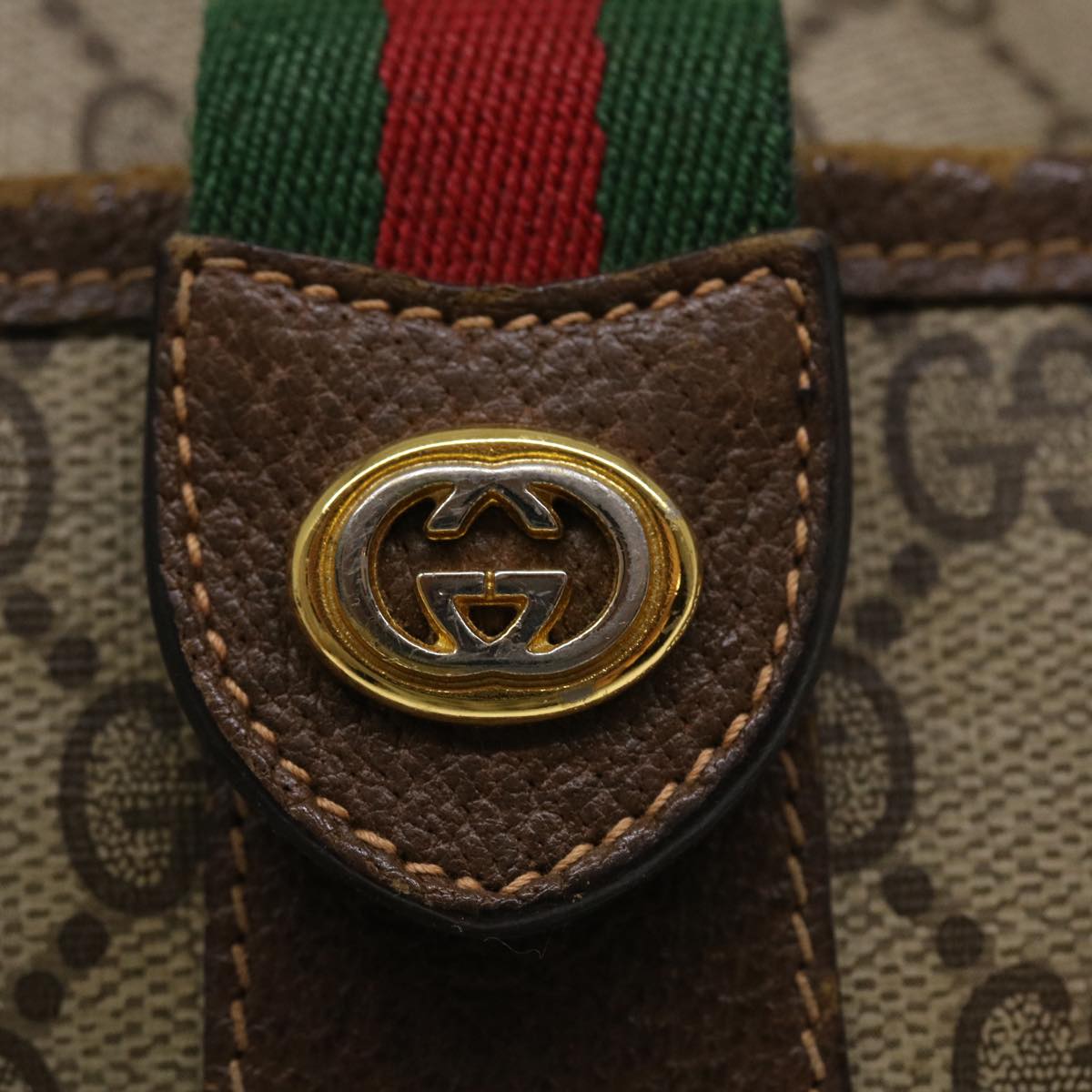 GUCCI Web Sherry Line Shoulder Bag PVC Leather Beige Green Red  36081