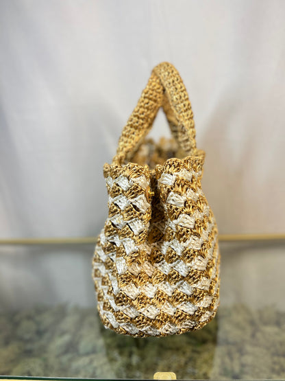 Prada Canapa Woven Crochet Tan Raffia Tote Bags