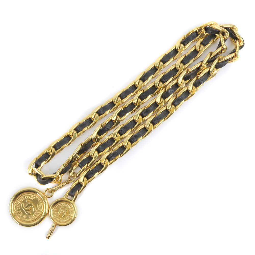 CHANEL belt Leather, Plated Gold black Chain belt Women Used