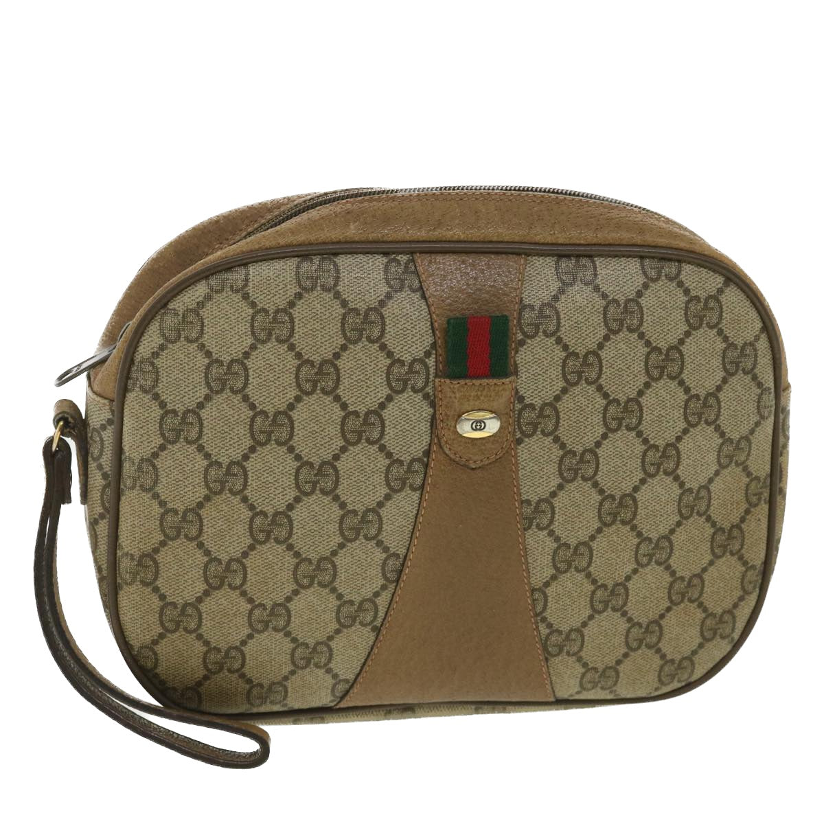 GUCCI Web Sherry Line GG Canvas Clutch Bag PVC Leather Beige Green 89  36428