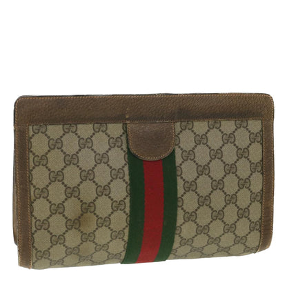 GUCCI Web Sherry Line GG Canvas Clutch Bag PVC Leather Beige Green 89  36433