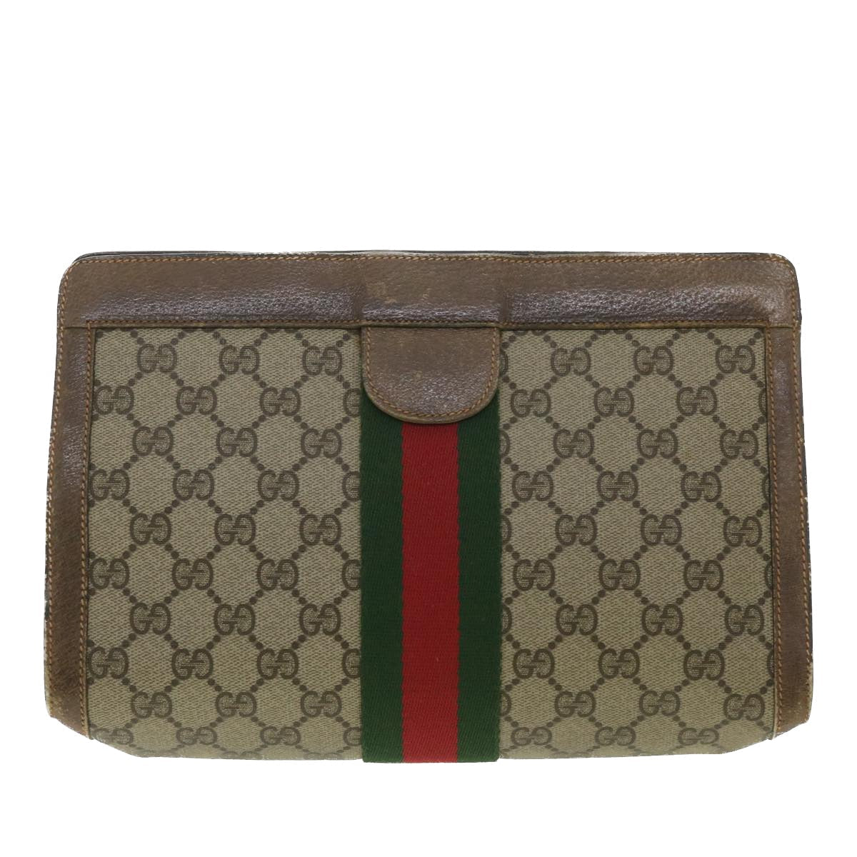 GUCCI Web Sherry Line GG Canvas Clutch Bag PVC Leather Beige Green 89  36433