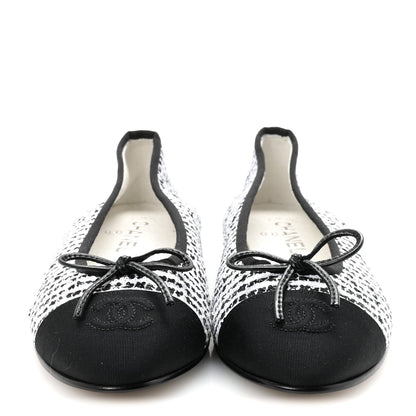 Tweed Sequin Grosgrain Cap Toe Ballerina Flats 39 Black White