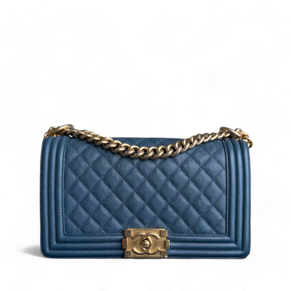 Chanel Boy Medium - Caviar 25CM Quilted Blue Gold Hardware Series 23