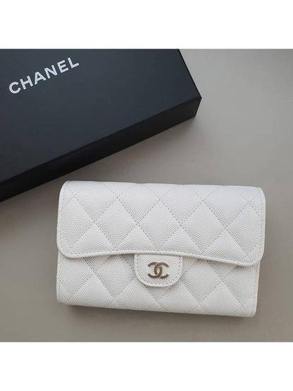 Classic Gold CC Logo Flap Caviar Medium Wallet White Chanel