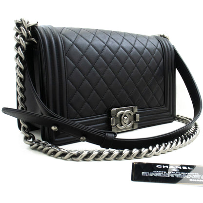 Chanel Boy Chain Shoulder Bag Black Quilted New Calfskin Leather