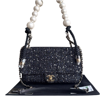 Chanel Classic Seasonal Flap Medium - Tweed Pearl Chain Black Gold Hardware Series 27