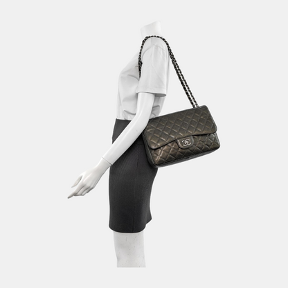 Chanel Classic Flap Jumbo Dark Green Caviar Leather Double Flap Silver Hardware
