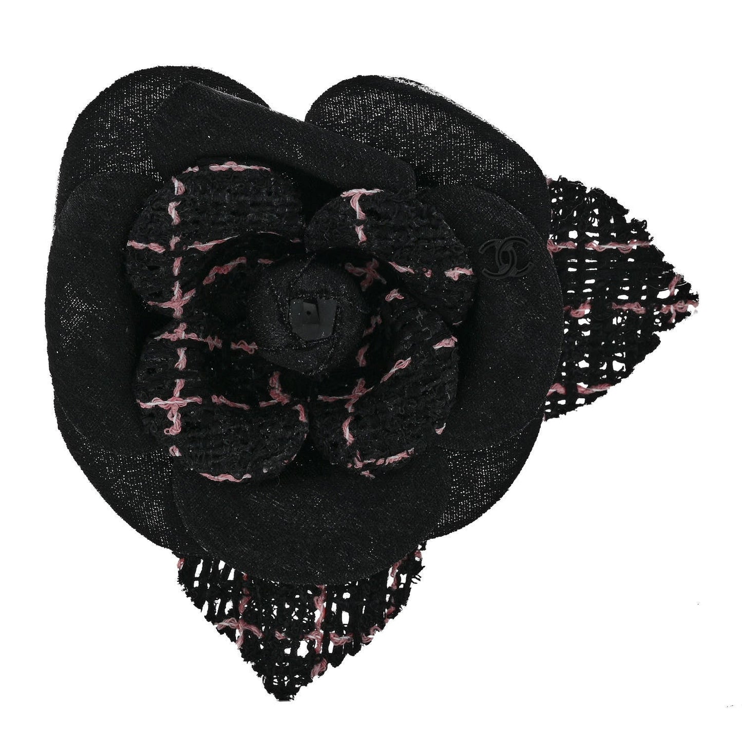 Tweed Fabric Camellia Pin Brooch Black Pink