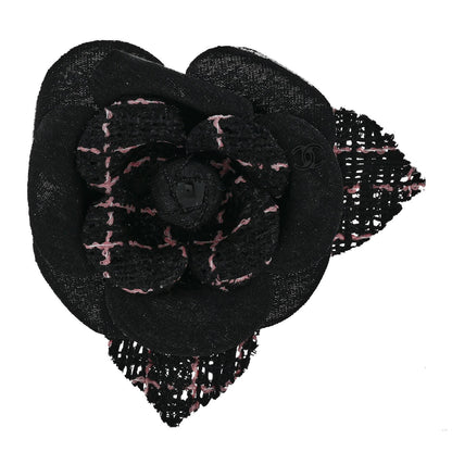 Tweed Fabric Camellia Pin Brooch Black Pink