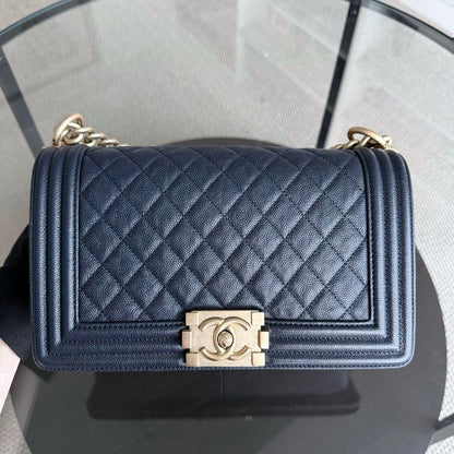 Chanel Boy Medium - Caviar 25CM Quilted Dark Blue Gold Hardware Series 25