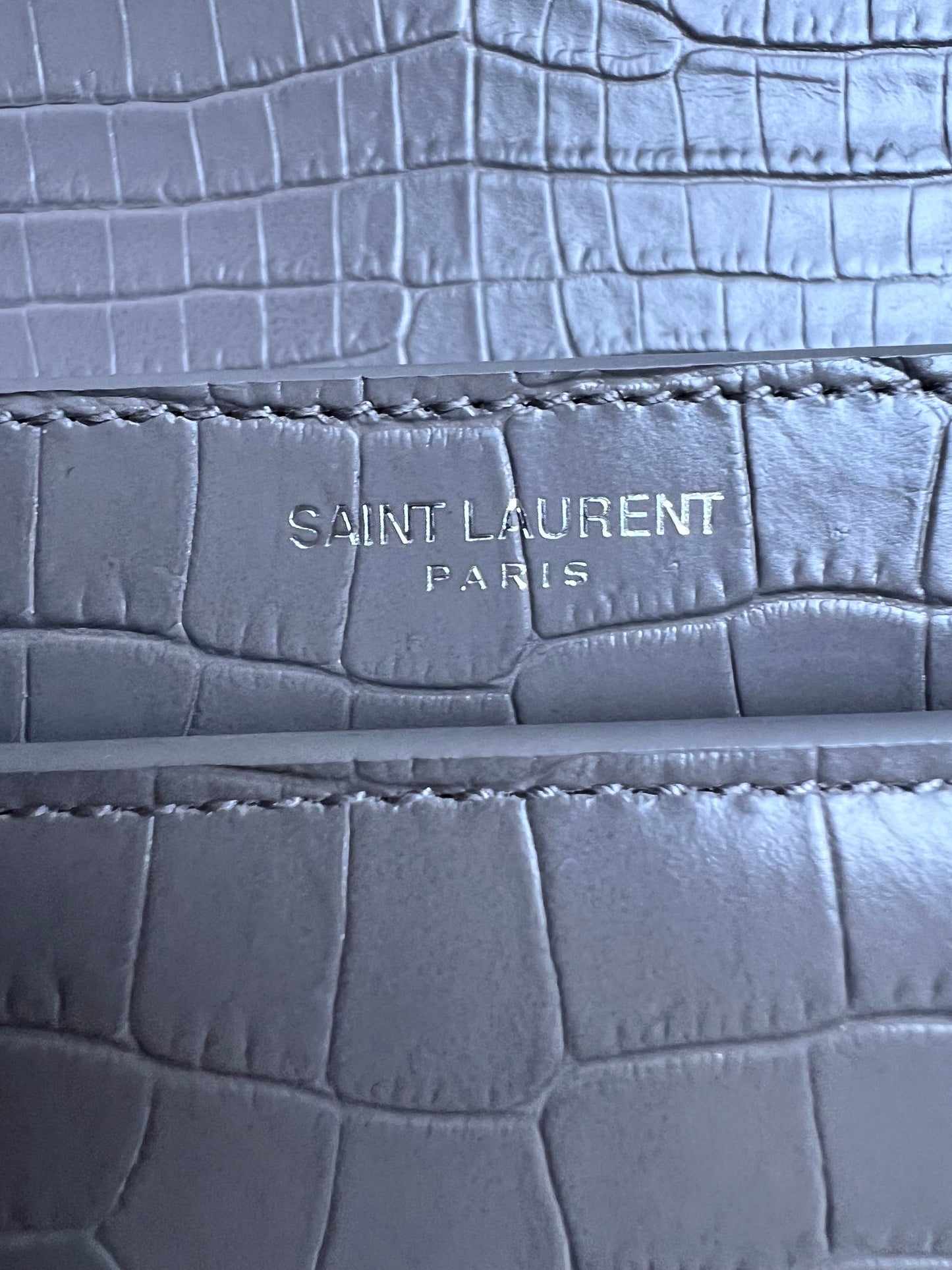 Yves Saint Laurent (YSL) Grey Croc Medium Sunset with Silver Hardware